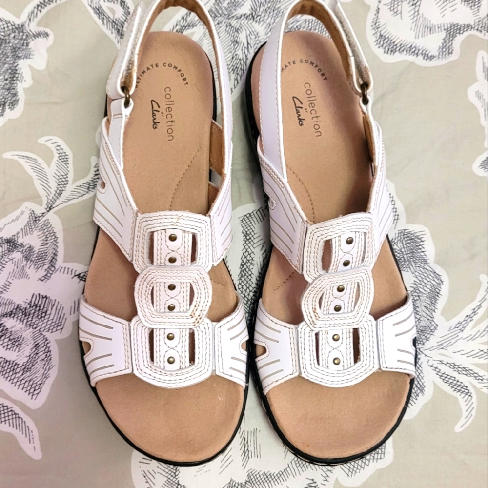 Clarks White Triple-Buckle Slingback Sandals